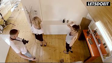 Lesbian Photo Shoot Gets Handsy... Tattooed Blonde and Brunette Grab Each Other' s Tits on Set