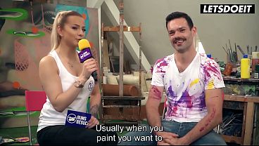 Slim Inked Blonde Flirts with Artist' s Cock Between Paint Strokes... She' s About to Get Fucked Hard